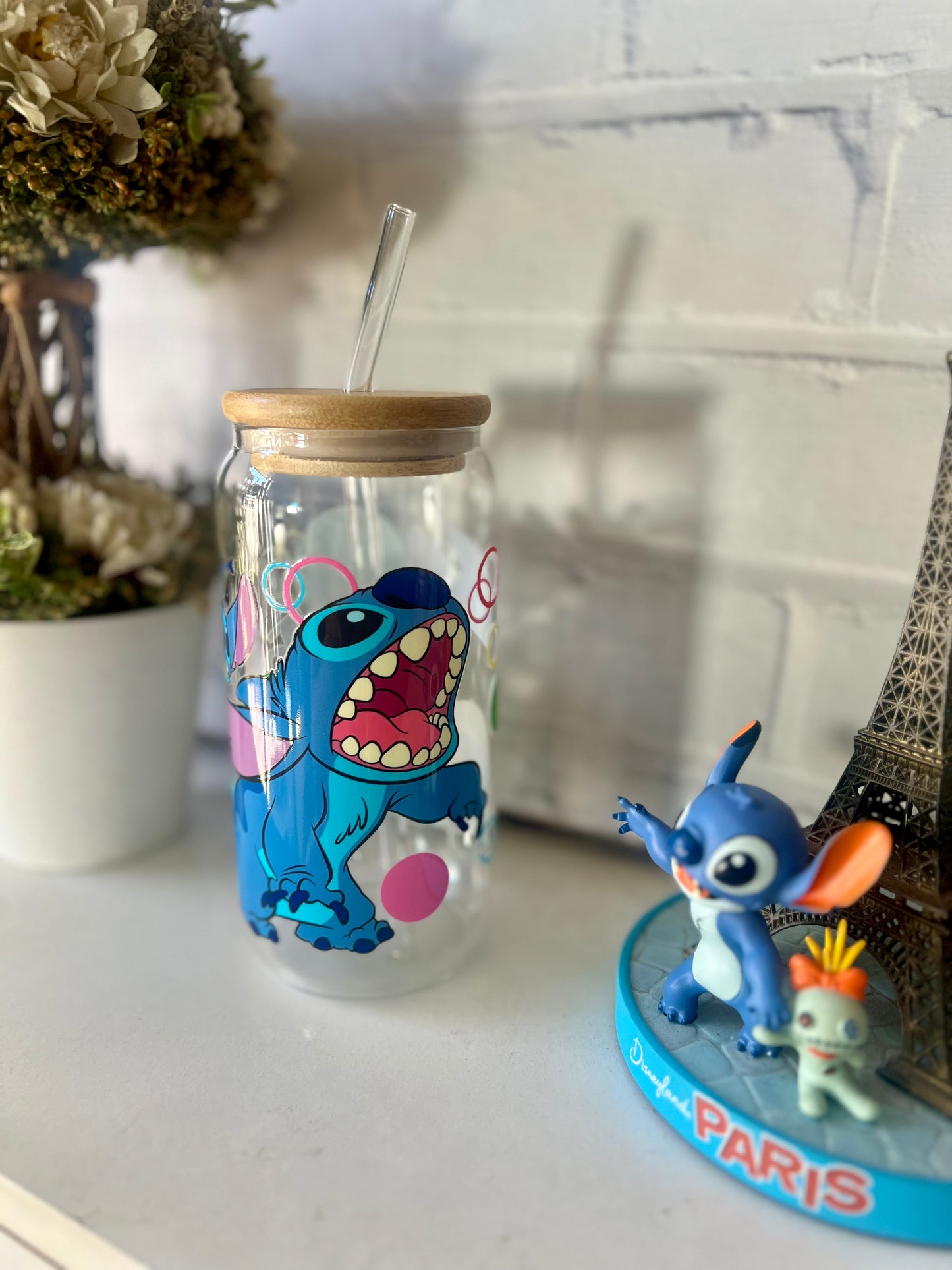 MUG VIDRIO CON TAPA Y BOMBILLA DISEÑO STITCH BURBUJAS
