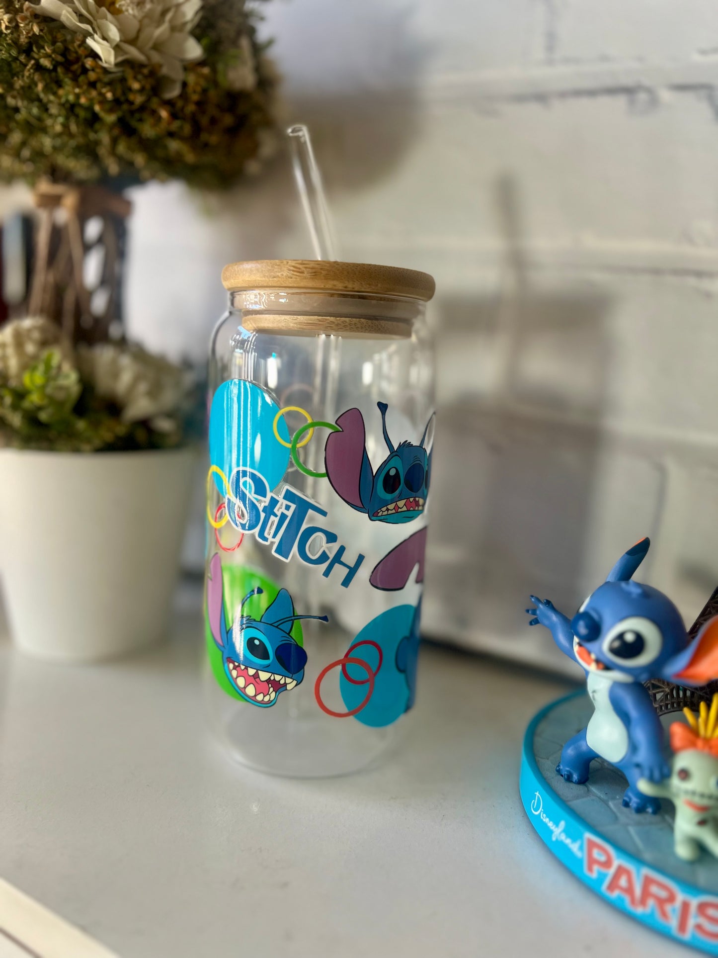 MUG VIDRIO CON TAPA Y BOMBILLA DISEÑO STITCH BURBUJAS