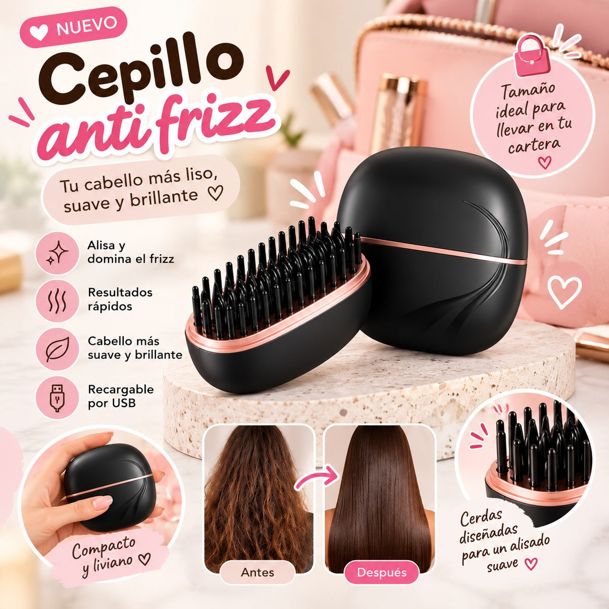 MINI CEPILLO ALISADOR ANTI FRIZZ RECARGABLE