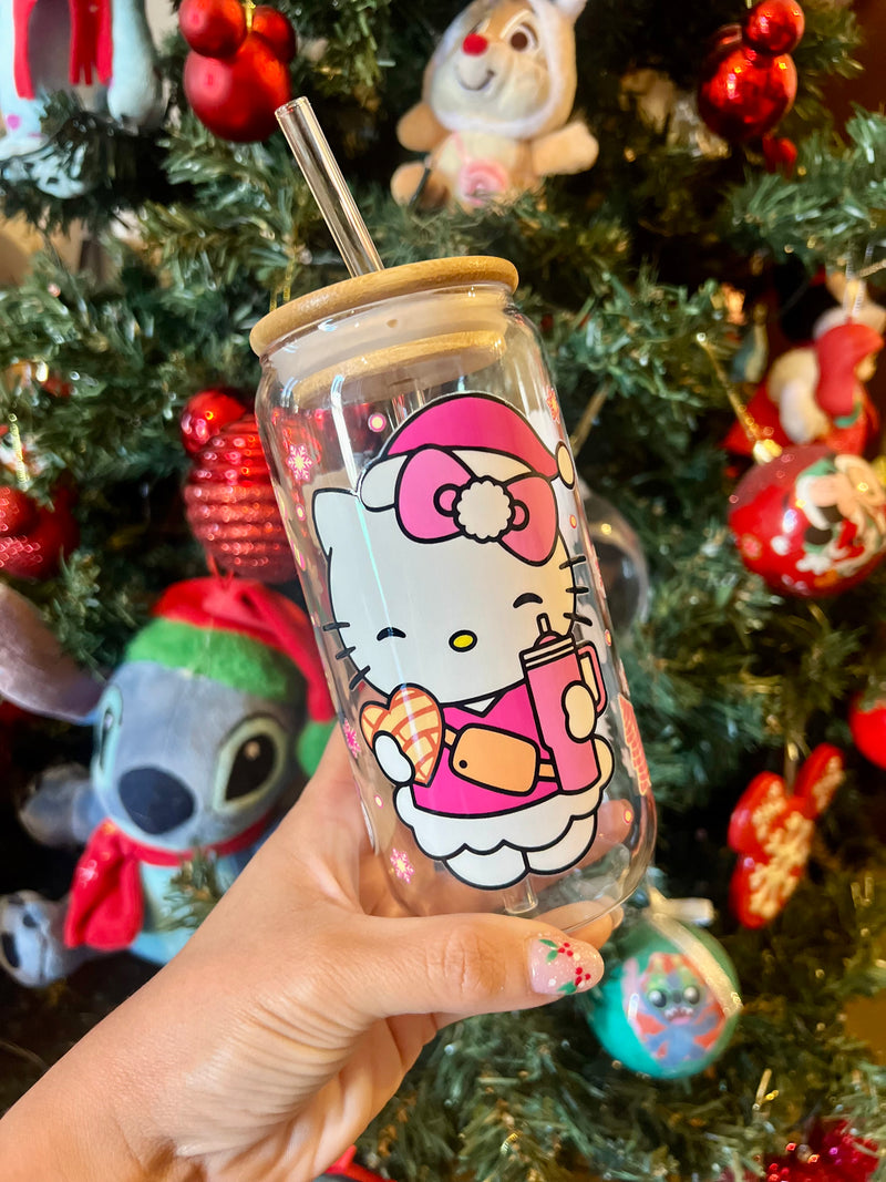 MUG VIDRIO CON TAPA Y BOMBILLA DISEÑO HELLO KITTY NAVIDAD