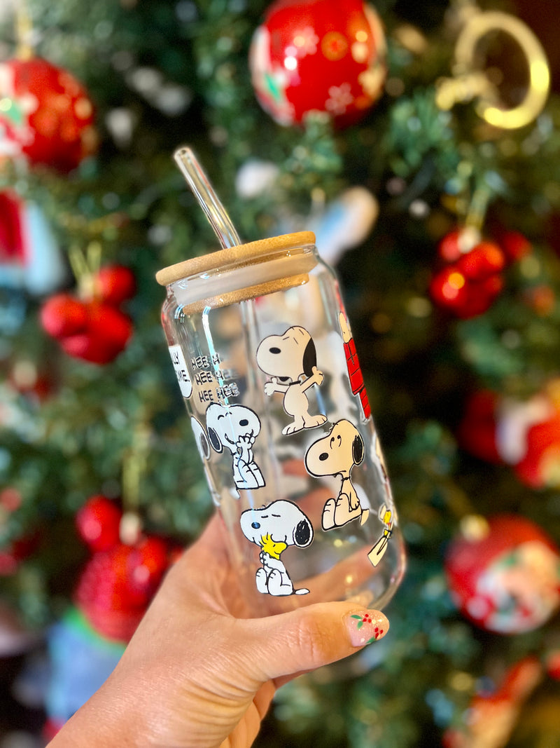 MUG VIDRIO CON TAPA Y BOMBILLA DISEÑO SNOOPY