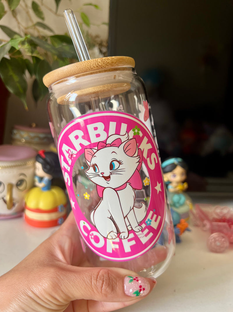 MUG VIDRIO CON TAPA Y BOMBILLA DISEÑO GATITA MARIE