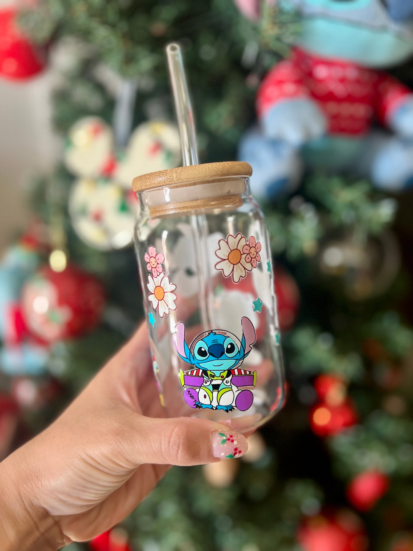 MUG VIDRIO CON TAPA Y BOMBILLA DISEÑO STITCH DISFRAZ