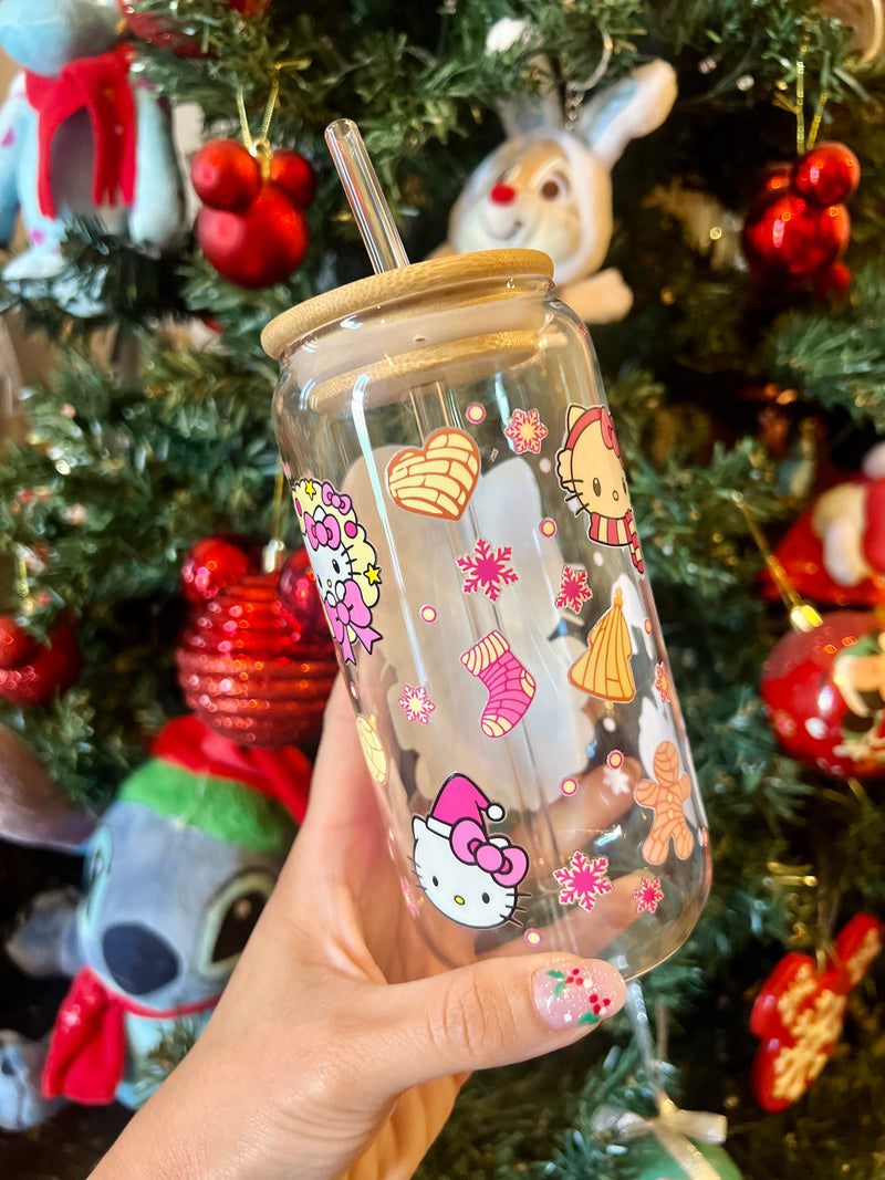 MUG VIDRIO CON TAPA Y BOMBILLA DISEÑO HELLO KITTY NAVIDAD